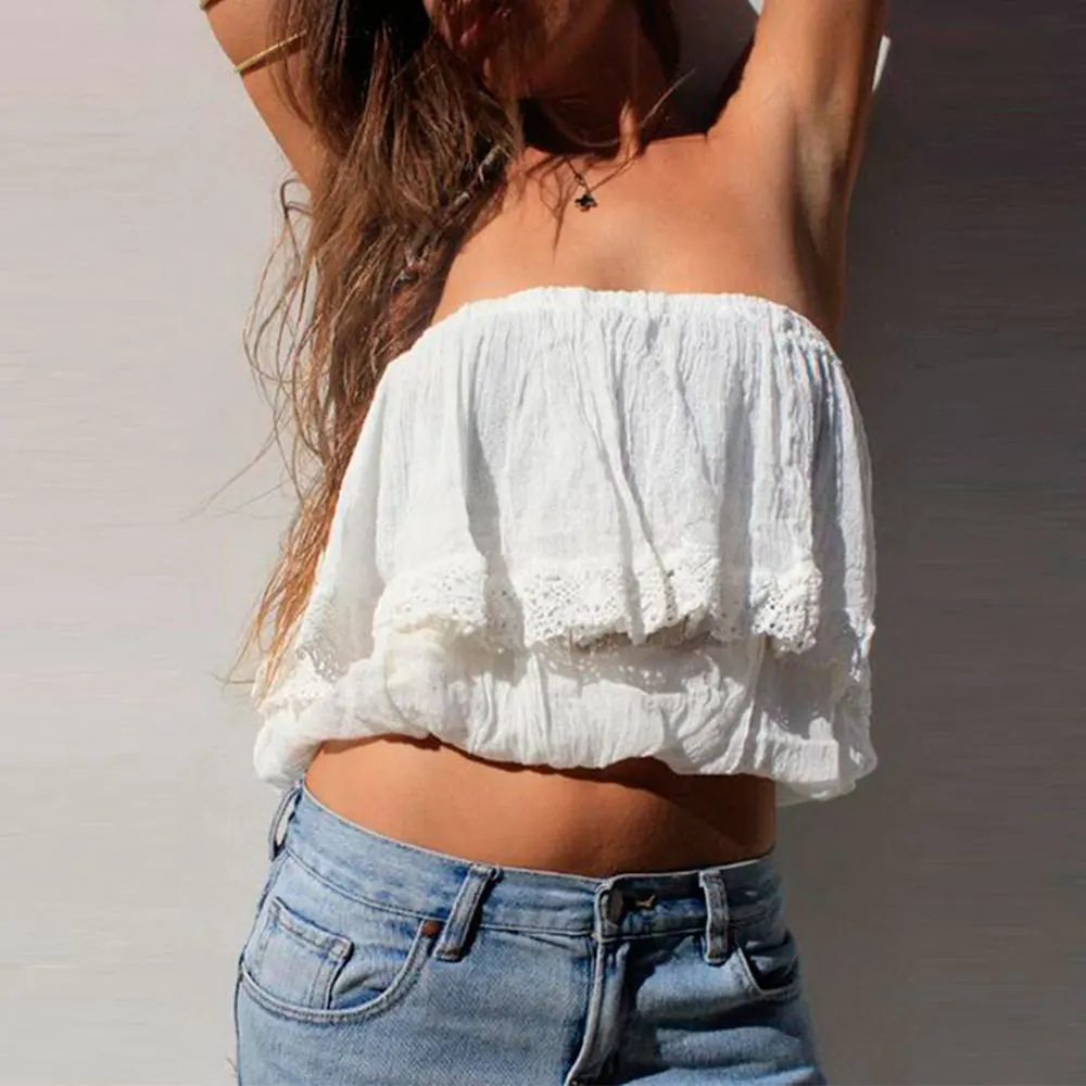 

Fashion Summer Women Sexy Strapless Tube Top Solid Color Lace Ruffles Tops Bandeau Beach Party Streetwear Off Shoulder Crop Top