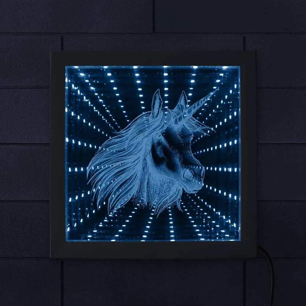 

Unicorn Face LED Infinity Mirror LED Vortex Tunnel Interstellar Mirror Frame Magical Horse Horn Tunnel Vision Light Wood Frame