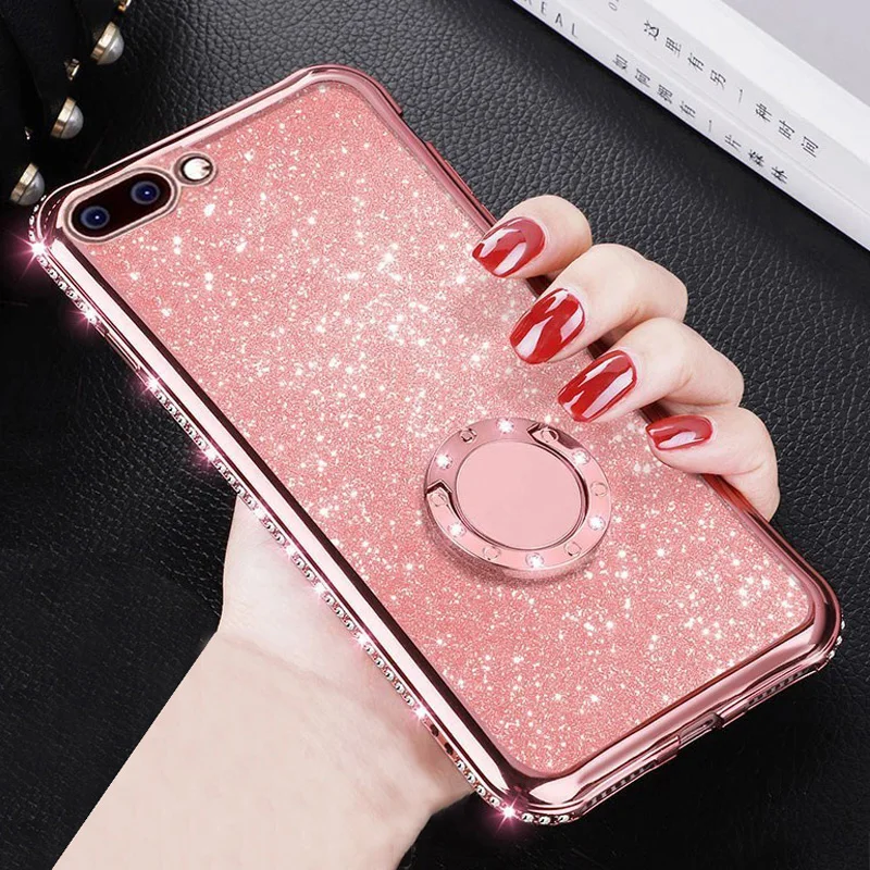 case for iphone 8 Glitter Bling Diamond Plating Soft TPU Cover For iPhone 11 12 XS Max XR X 6S 6 7 8 Plus 360 Rotating Finger Ring Kickstand Case case for iphone 7