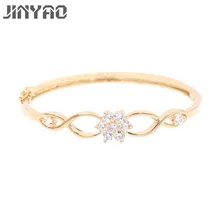 JINYAO Fashion Simple Champagne Gold Color Flower White Zircon Charm Wrist Bracelet Bangle For Women Wedding Party Jewelry