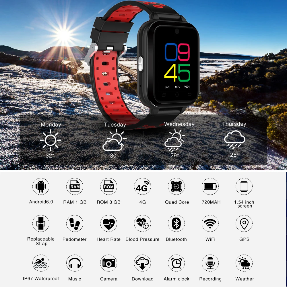 Q1 Pro smart watch Android 6.0 Quad Core 1GB/8GB Watch Phone 4G Heart Rate tracker Sim Card Support Change Strap 18mm 720mAh