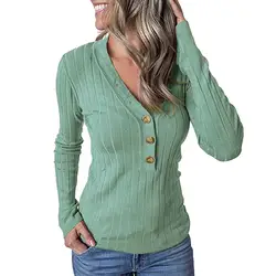 2019 осень лето женские повседневные Твердые v-образным вырезом с длинным рукавом кнопки вверх ребристый Свободный пуловер Топ Блузка modis