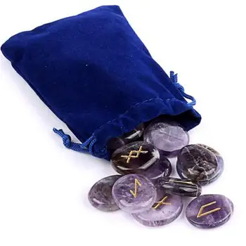 

Natural Engraved Chakra Amethyst Rune Stones Set Gemstones Craft