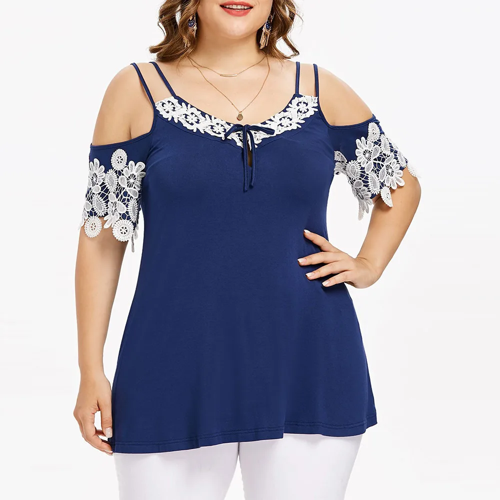 Women Plus Size Cold Shoulder Lace Applique Stitching 12 Sleeved Top Blouse  (3)