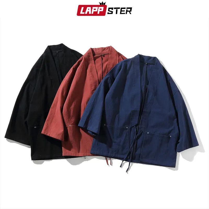 LAPPSTER Men Cotton Linen Harajuku Kimono 2020 Summer Mens Vintage Loose Shirts Male Summer Chinese Style Belt Kimono Cardigan LAPPSTER Men Cotton Linen Harajuku Kimono 2020 Summer Mens Vintage Loose Shirts Male Summer Chinese Style Belt Kimono Cardigan