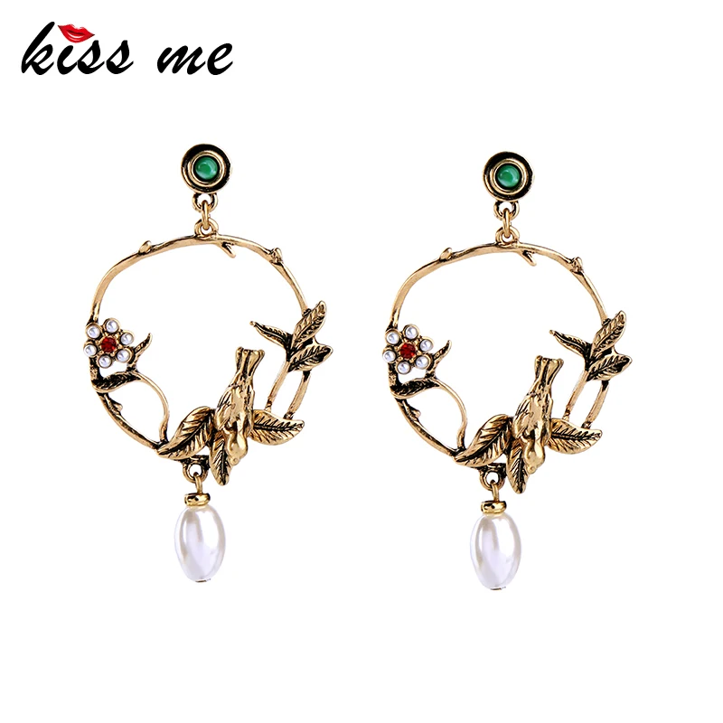 KISS ME Gold Color Birds Flowers Big Earrings KISS ME Gold Color Birds Flowers Big Earrings