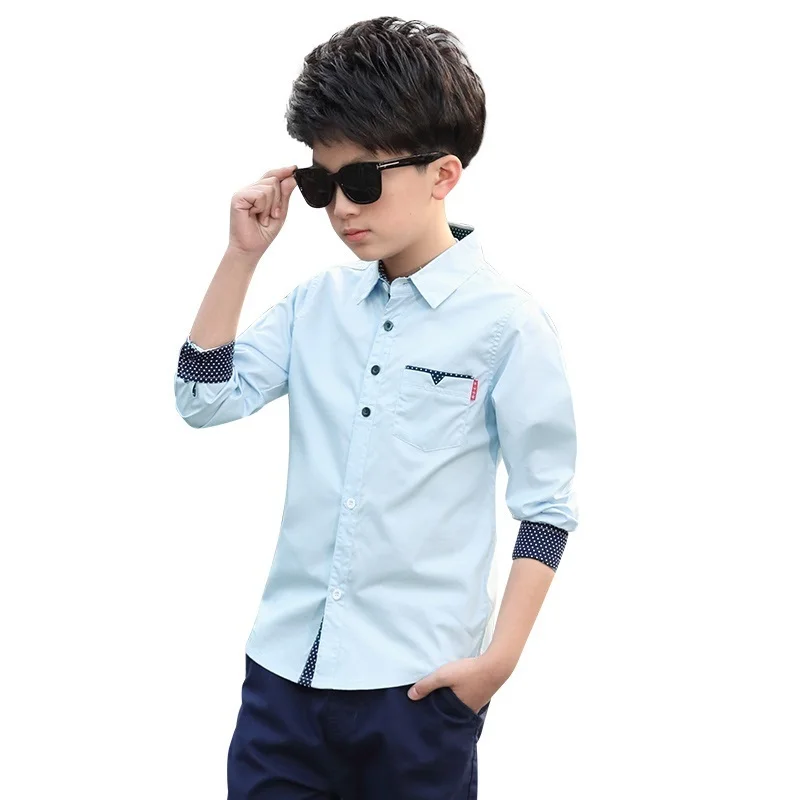 Детская одежда, весна-осень, хлопковые блузки для мальчиков, Детская рубашка с длинными рукавами для мальчиков, детская модная рубашка, От 5 до 15 лет, отложной воротник - Цвет: Sky Blue