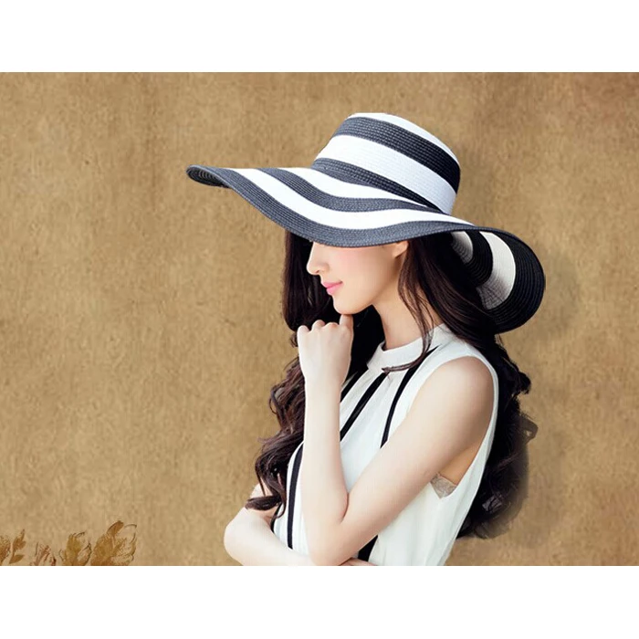 

Fashio straw hat sun-shading summer wide brim beach caps floppy wide foldable black and white striped for ladies