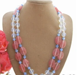 

huij 003660 2Strds White Quartz&Red Quartz&Cat's Eyes Necklace