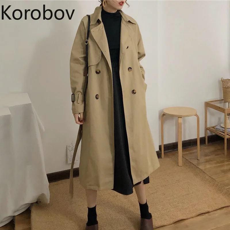 Женский двубортный Тренч Korobov длинный с поясом на весну и осень 77630|Плащи тренчи| |