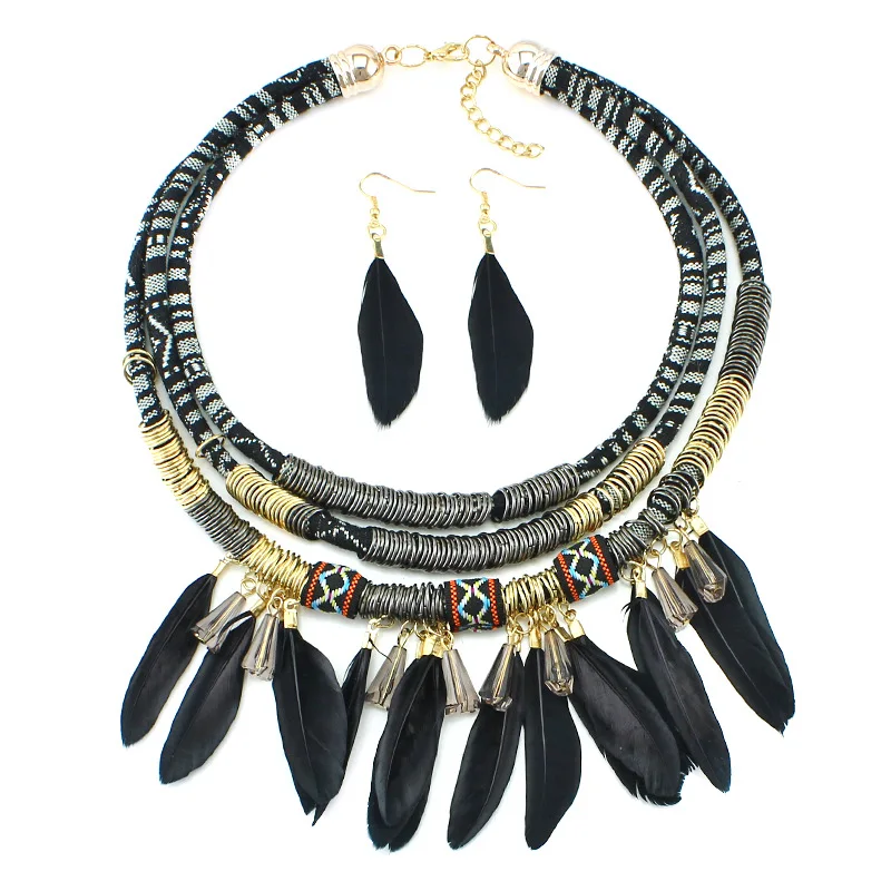 

African Jewelry Set Feather Pendant Multi Layers Tribal Bib Necklace Statement Earring Jewelry Set for Women