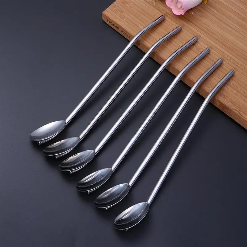 

6 Pcs/Pack Stainless Steel Oval Shape Metal Drinking Spoon Straw Reusable Straws Cocktail Spoons Set(Primary Color)