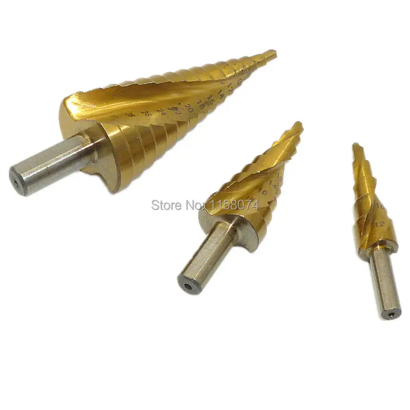 3pc Large Step Drill Bit Set Triangle Shank HSS Titanium Coated Spiral