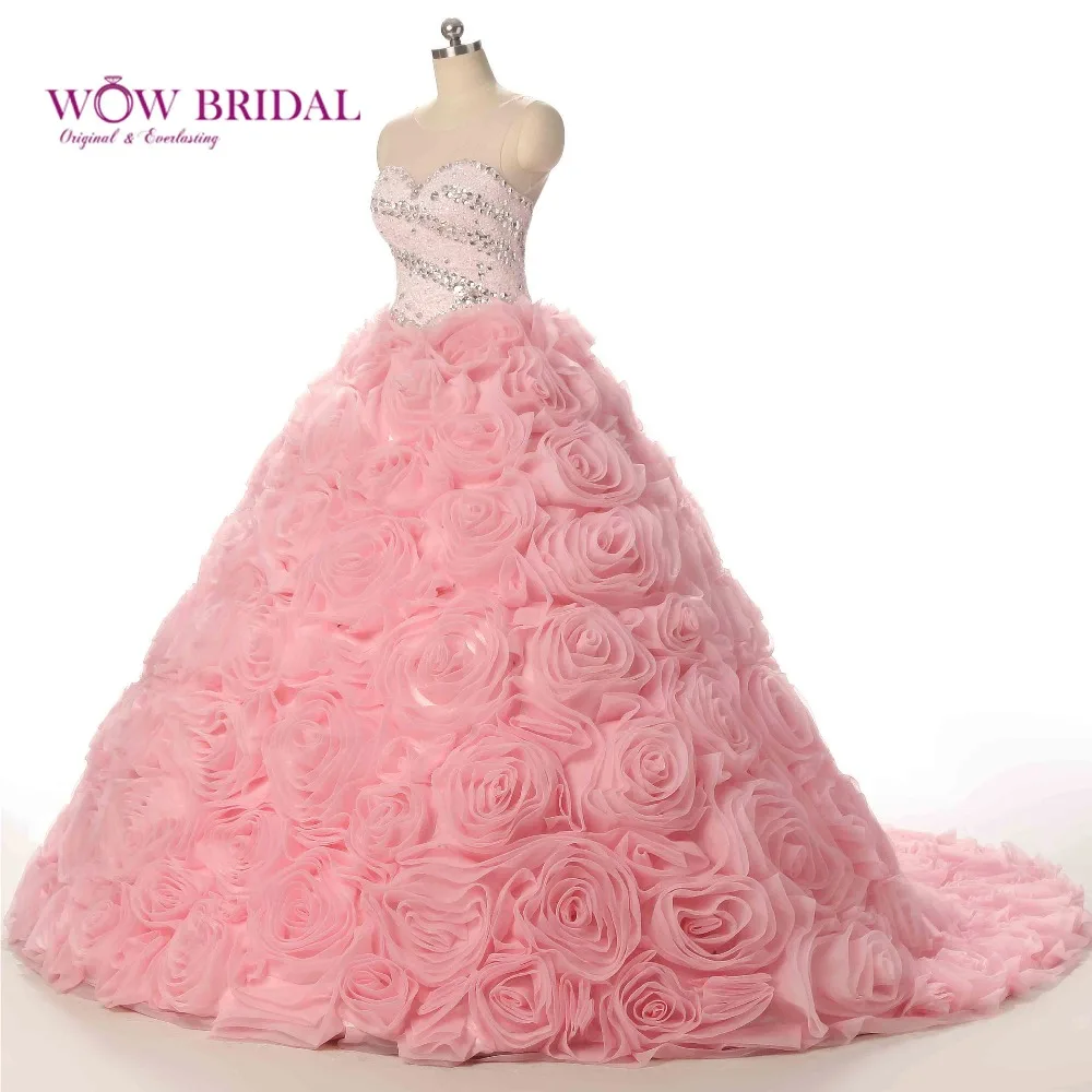 Wowbridal Luxury Long Train Crystal Rose Pink Wedding Dress 2016