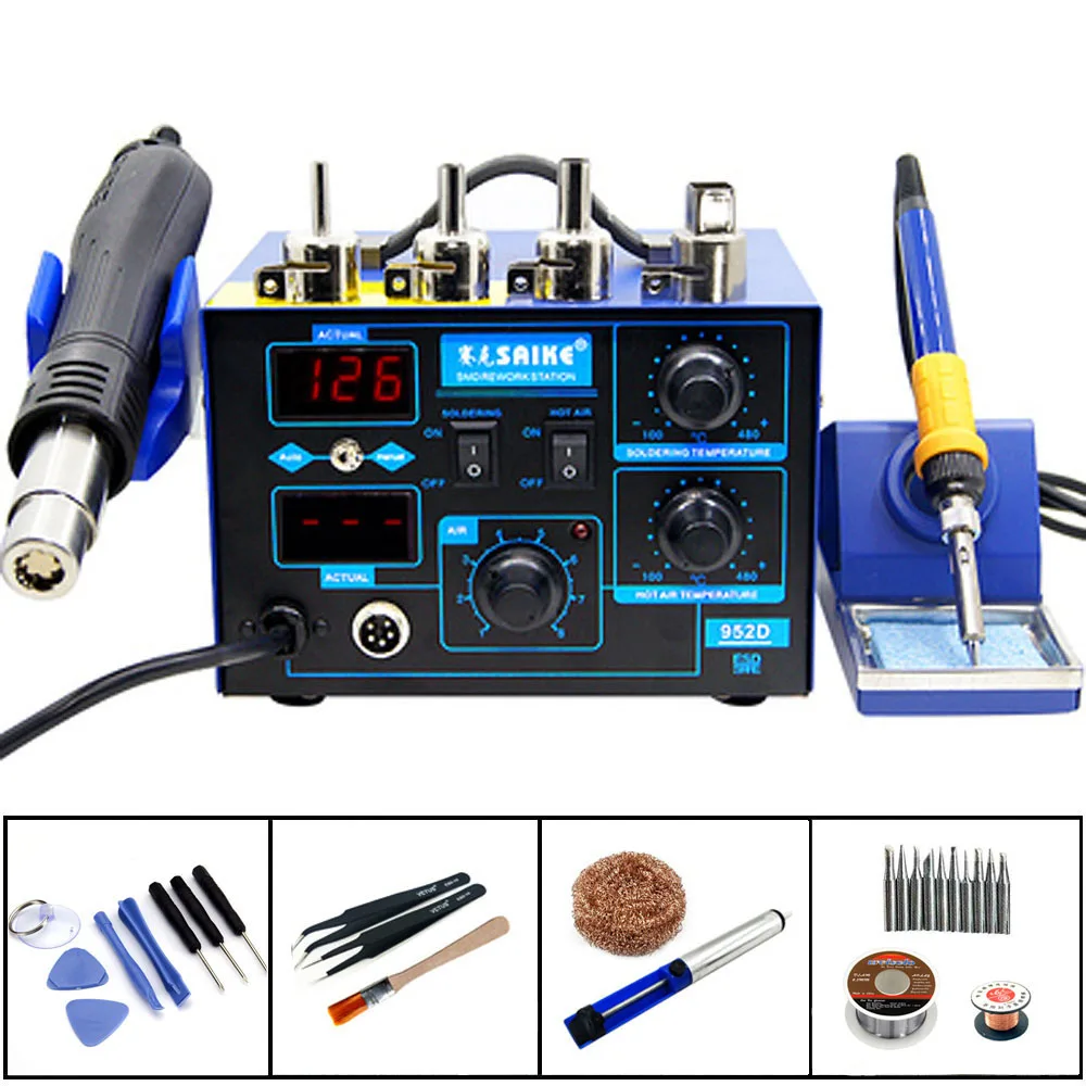 2 в 1 Saike 952D Тепловая пушка паяльная станция Электрический паяльник с цифровым дисплеем Сварка при постоянной температуре инструменты
