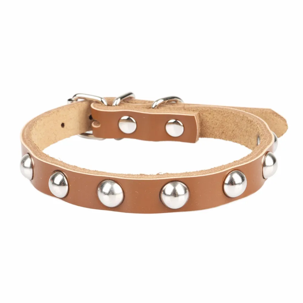 Genuine Leather Dogs Collars Round Rivets Pure Color Collar for Small