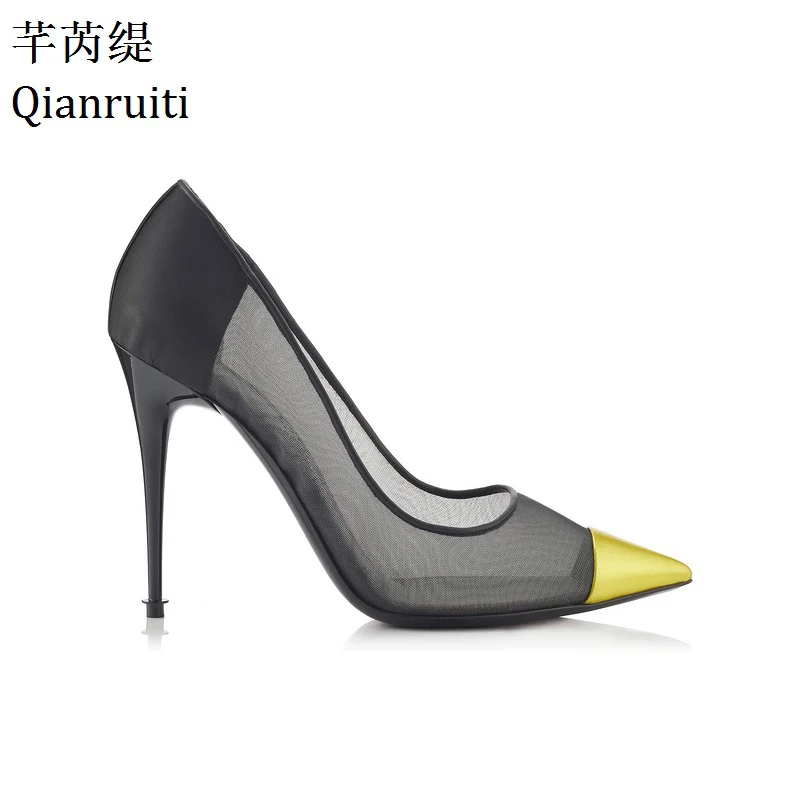 

Qianruiti Yellow Purple Pointed Toe High Heels Sandals Summer Mesh Leather Patchwork Women Shoes Sexy Thin Heels Women Pumps