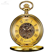KS Vintage Skeleton Roman Numbers Mechanical Golden Hunter Mechanical Hand Winding Steampunk Fob Chain Men Pocket Watch /KSP031