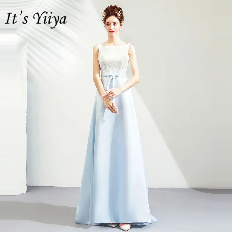 

It's YiiYa Prom Gowns Blue O-neck Sleeveless A-Line Court Train Beading Long Party Dress Custom Plus Size Prom Dresses 2019 E241