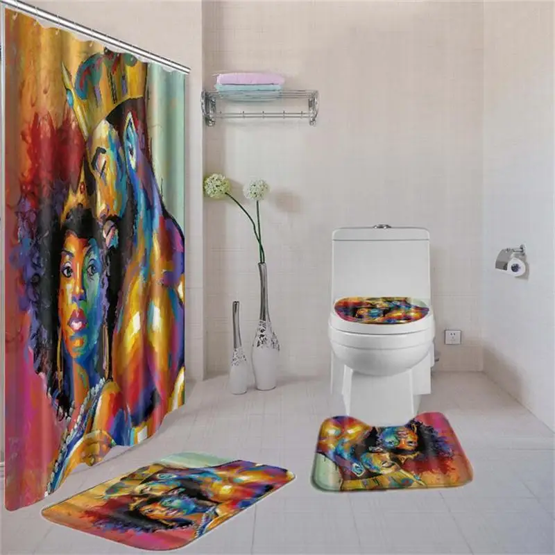 4 Pcs African American Women Shower Curtain Bath Rug Cover Bath Mat Set