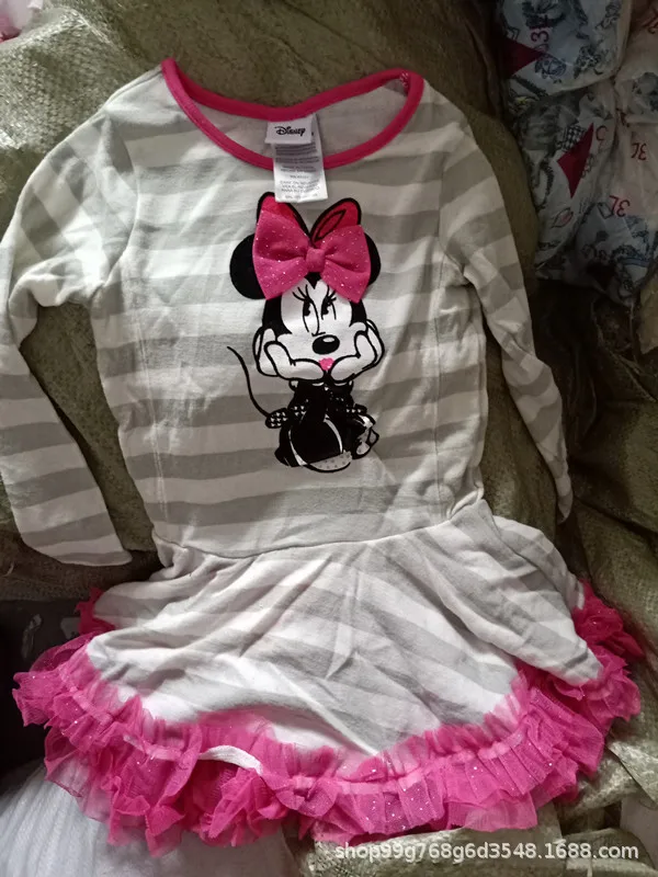 

2019 new girl dress 100% cotton Disney Minnie Mouse lace cartoon print round neck long sleeve summer spring autumn girl dress