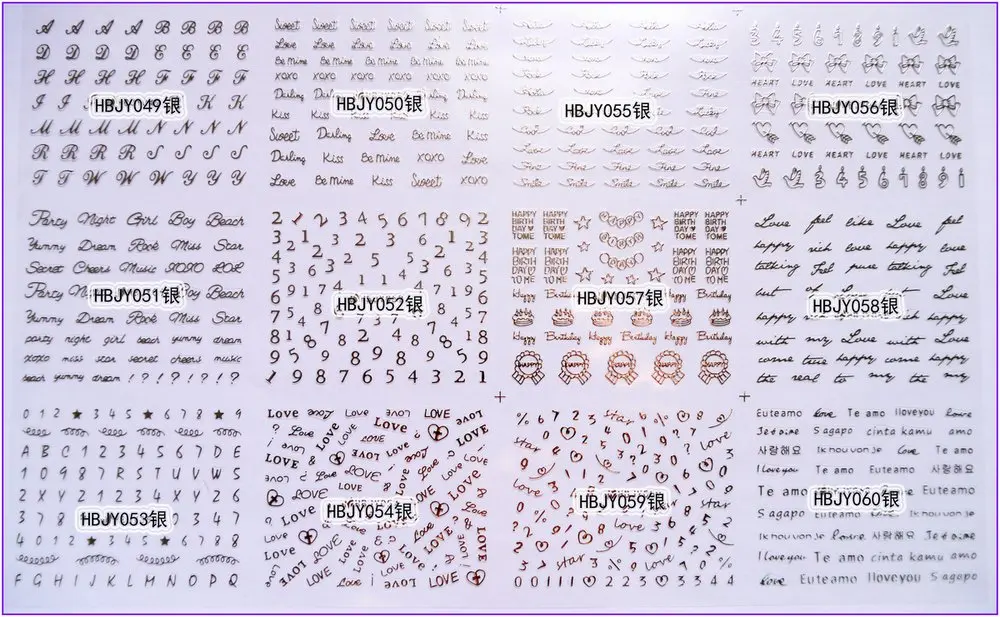 12 листов, дизайн ногтей, 3D, самоклеющиеся, цвета: золотистый, серебристый, черный, белый, наклейка, слайдер, алфавит, цифры, сердце, галстук-бабочка, HBJY49-60 - Цвет: HBJY49-60 SILVER