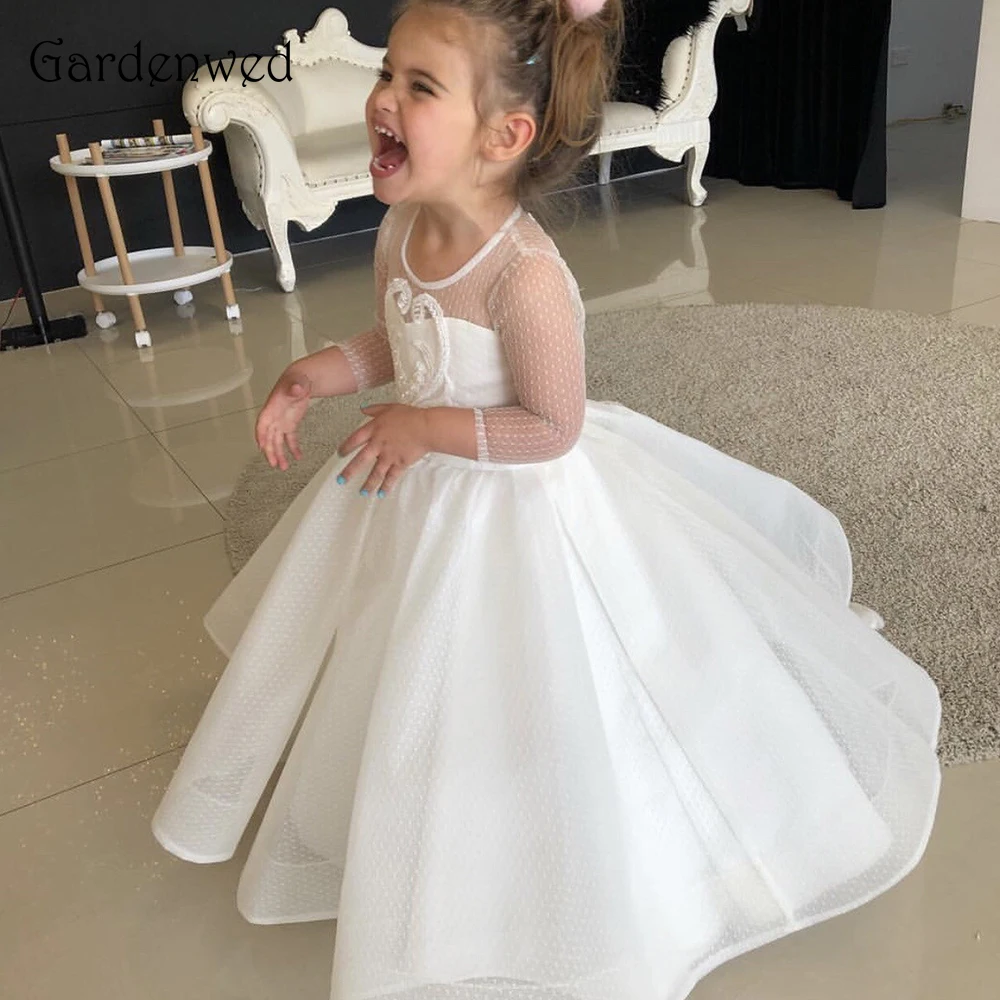 Gardenwed с длинными рукавами, с круглым вырезом слоновая кость; праздничное белое Тюлевое платье с цветочным узором для девочек Вышивка сзади поезд Пышное Платье трапециевидной формы для детей