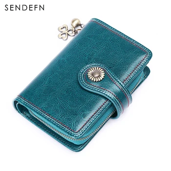 

Sendefn Patent Metal Flower Wallet Short Oil Wax Leather Wallet Zipper Button Small Purse Coin Bag Pendent portemonnee 5194-68