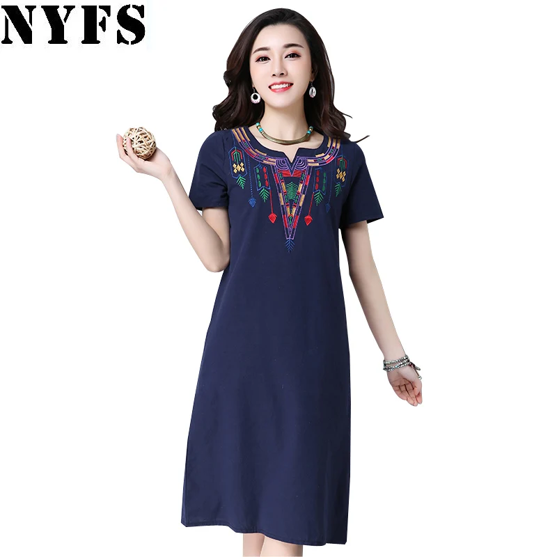 

2019 New Loose long Dress Summer dress Casual Plus Size Women Dress cotton Linen Embroidered V-collar Slim Vestidos Robe Dresses