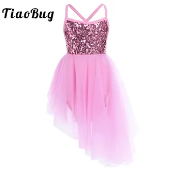 

TiaoBug Children Sleeveless Shiny Sequined Kids Girls Tulle Ballet Tutu Dress Gymnastics Leotard High-Low Lyrical Dance Costumes