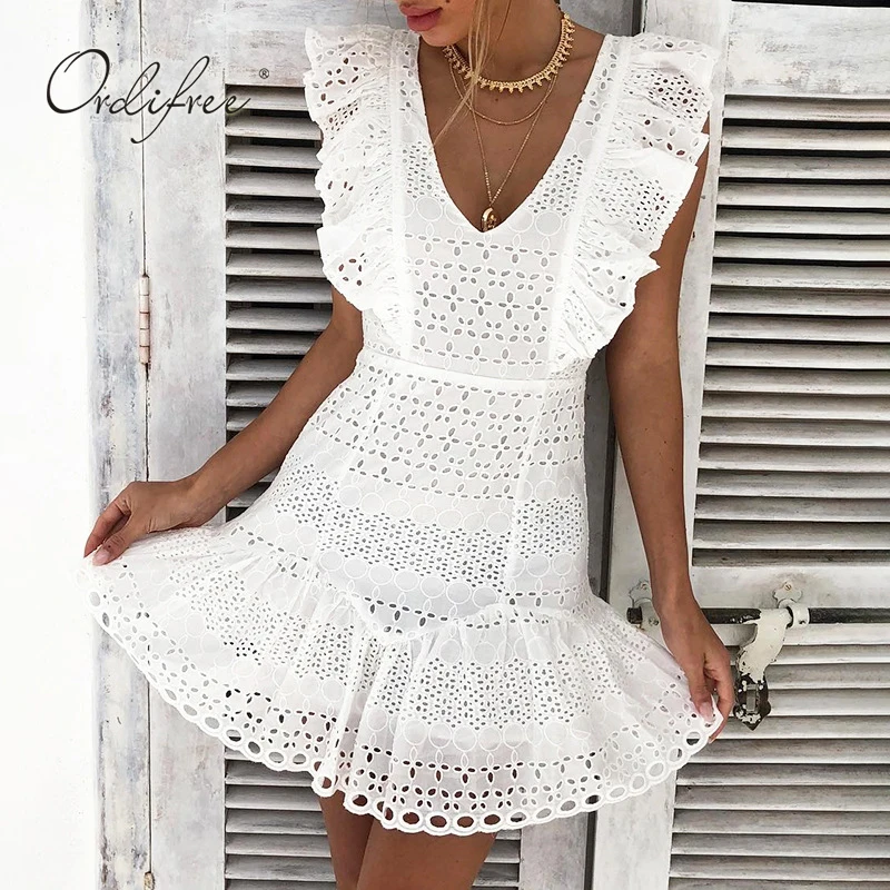 

Ordifree 2019 Summer Women White Lace Ruffle Dress Sleeveless Short Sexy Bodycom Mini Party Dress