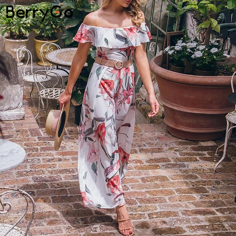 

BerryGo women jumpsuit romper Elegant off shoulder sashes ladies long jumpsuit Boho floral printSummer beach ruffled playsuit
