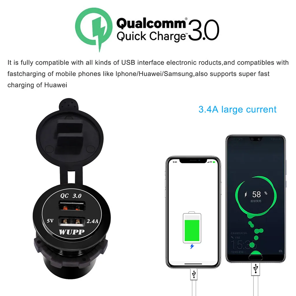 QC 3.0 Dual USB Charger Socket Voltmeter Quick Charge 3.0 Wire Waterproof for Car Motorcycle Mobile Phone Charger Fast QC#Y8