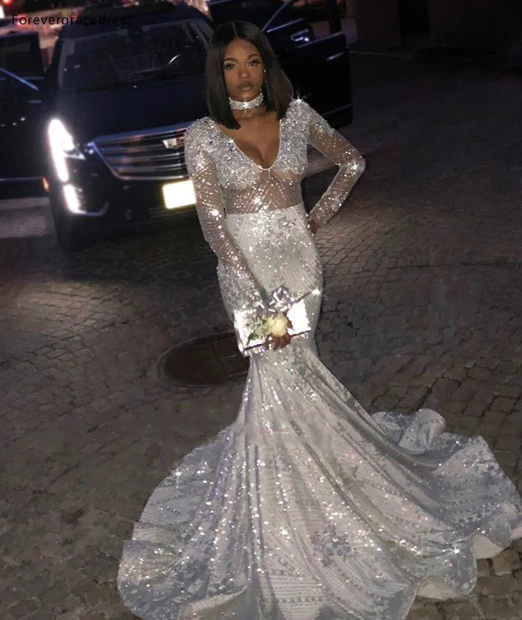 Bling Silver Mermaid Prom Dresses For Black Girls 2K19 Prom Evening Party Sheer Long Sleeve V Neck Evening Gowns BC0871  124 (4)