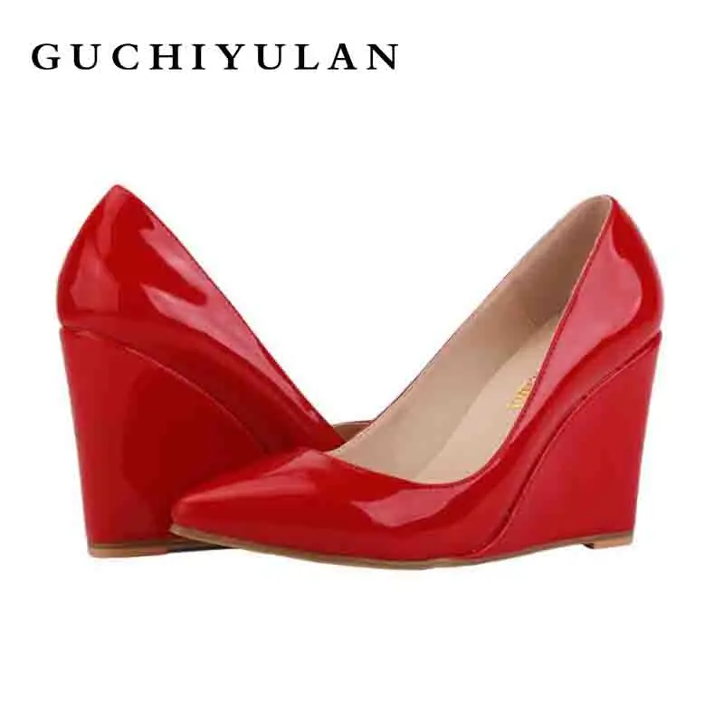 

Patent Leather 10cm creepers fashion Women Designer Shoes Black/Red Spring Brand Ladies Platform Wedge party Shoes zapatos mujer