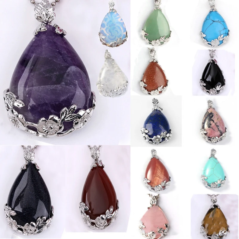 

LNRRABC Unisex Natural Teardrop Flower Natural Stone Crystal Pendants Necklace Muti-Color Exquisite