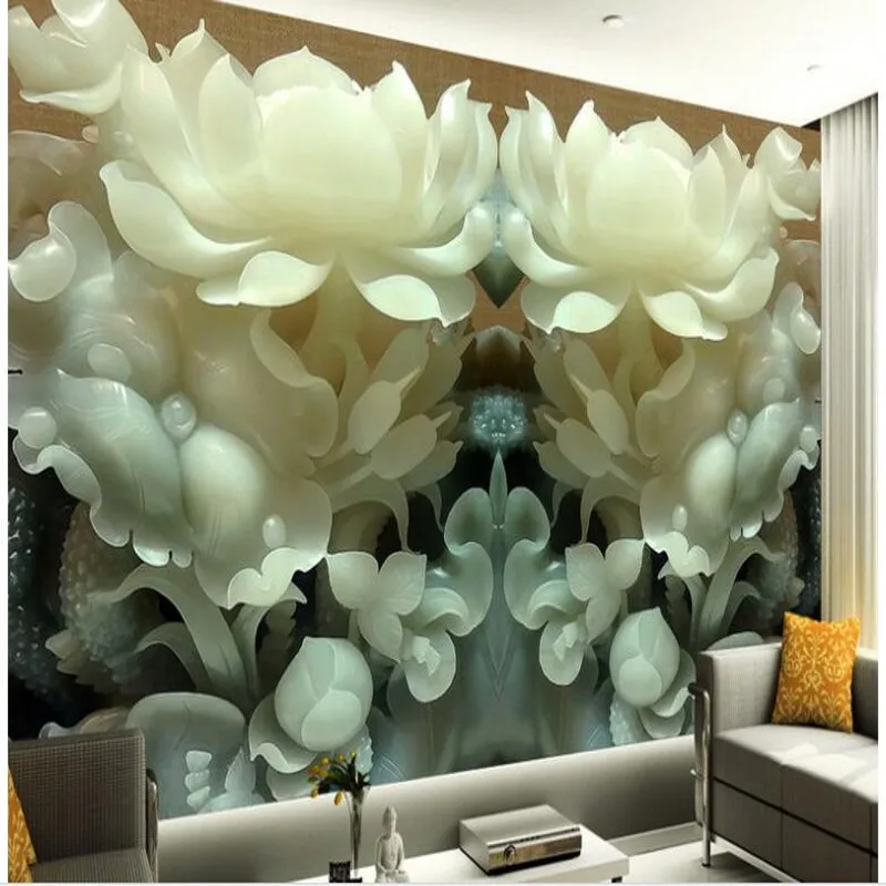 

wellyu Custom large - scale murals high - definition jade carving lotus fresco TV wall design background wall wallpaper