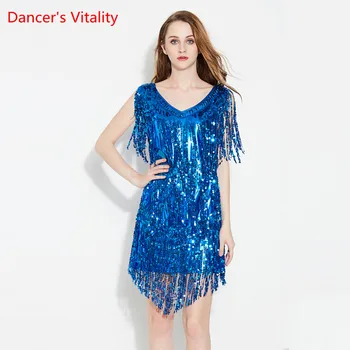 

New stage costume singer and dancer Latin dress sexy sleeveless dress with tassels Women Latin Dance CLothes