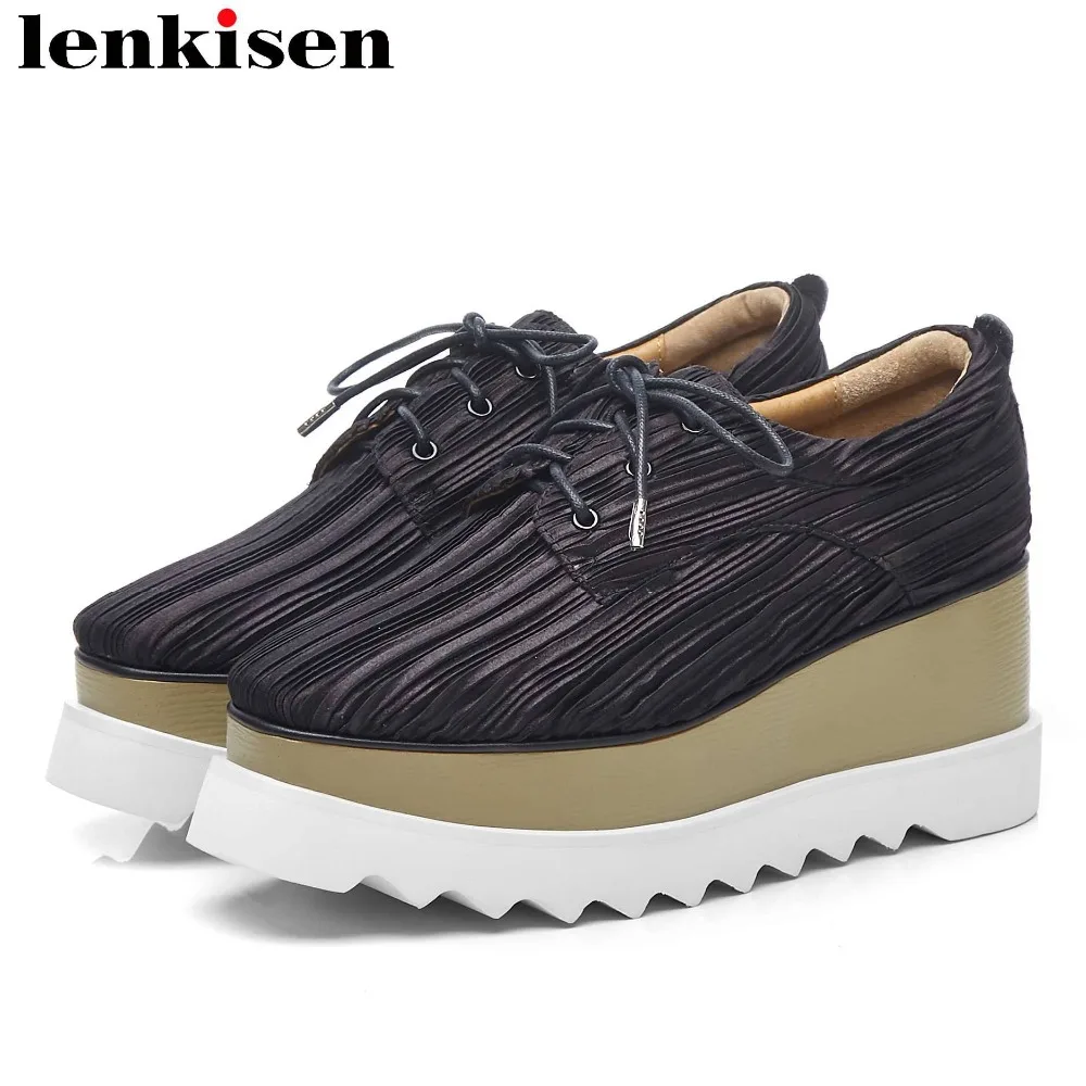 

Lenkisen high quality wedges high bottom platform punk style square toe lace up fashion runway original design women pumps L18