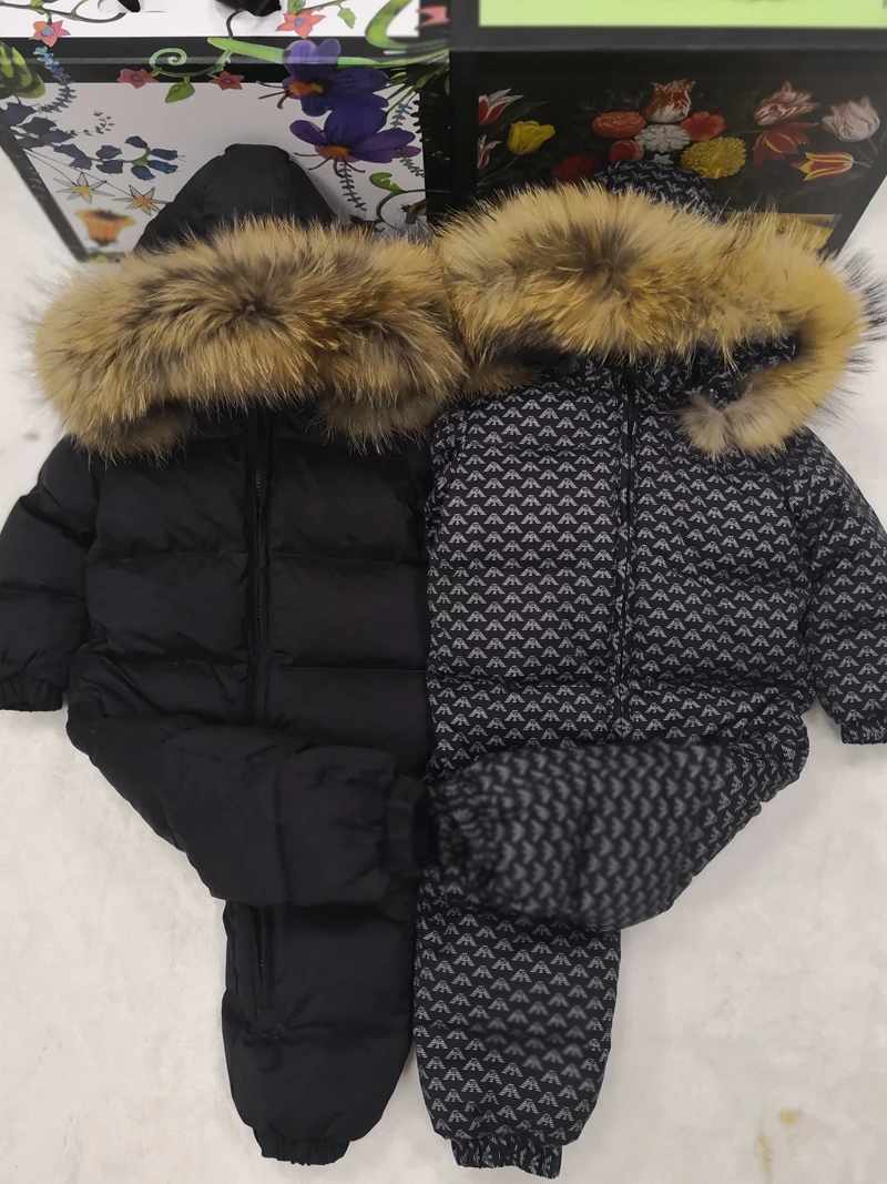 Зимняя куртка с капюшоном и натуральным мехом; детские куртки; Детский комбинезон; зимний костюм для девочек; комбинезон с цветочным принтом; лыжный костюм; верхняя одежда