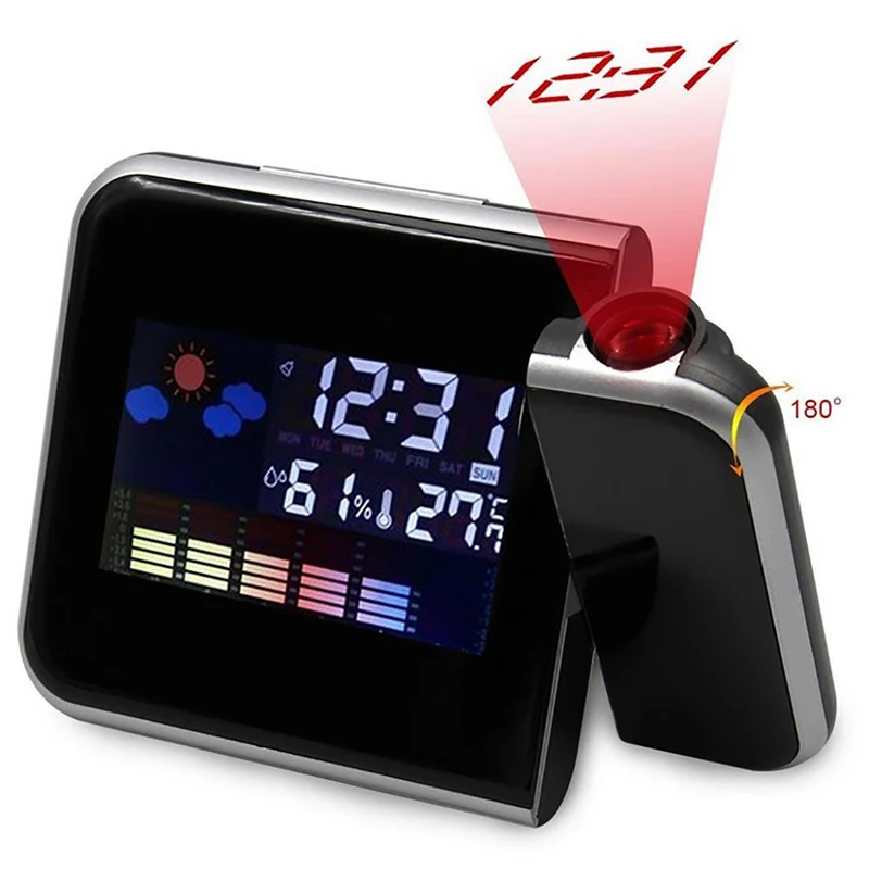 

Digital Alarm Clock Black Square Projection Snooze Timer Temperature LED Display Weather Report Backlight Projection Clock