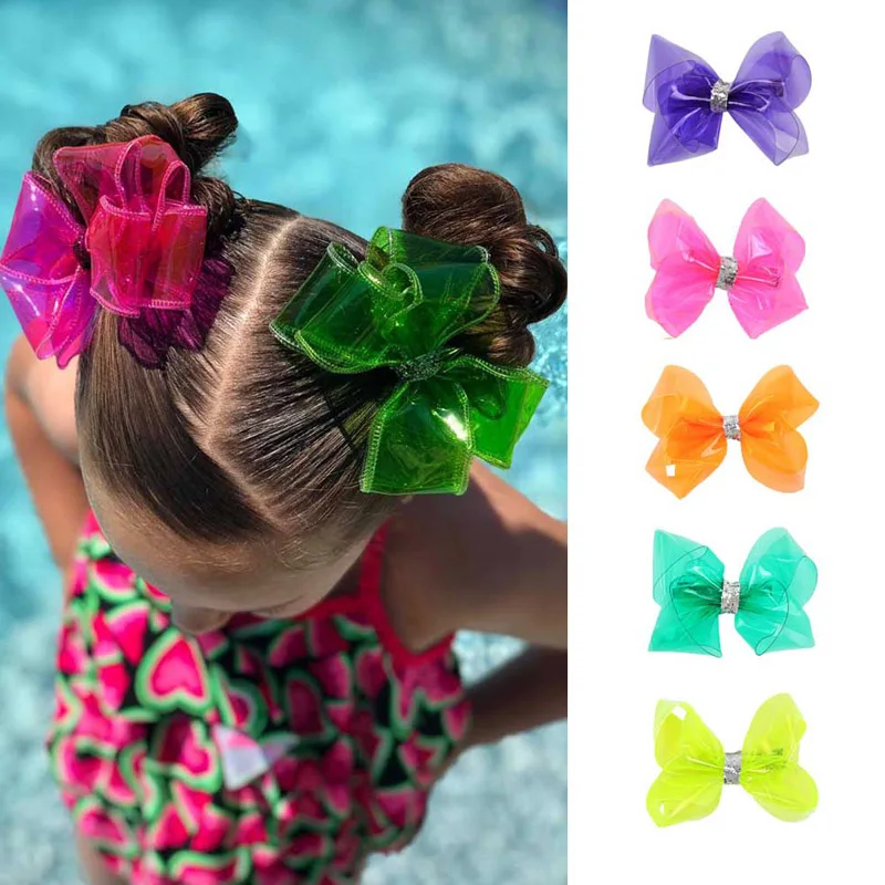 

CN 10Pcs/Lots 4" Waterproof Jelly Hair Bows With Clips For Girls Transparent Pool Swim Bows Solid Hairpins Kids Hair Accessories