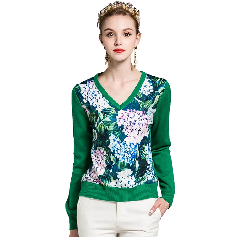 

2018 Spring Top Fashion Women Elegant Green Floral Printed Knitted Blouse Sexy V-neck Long Sleeve Causual Knit Tops