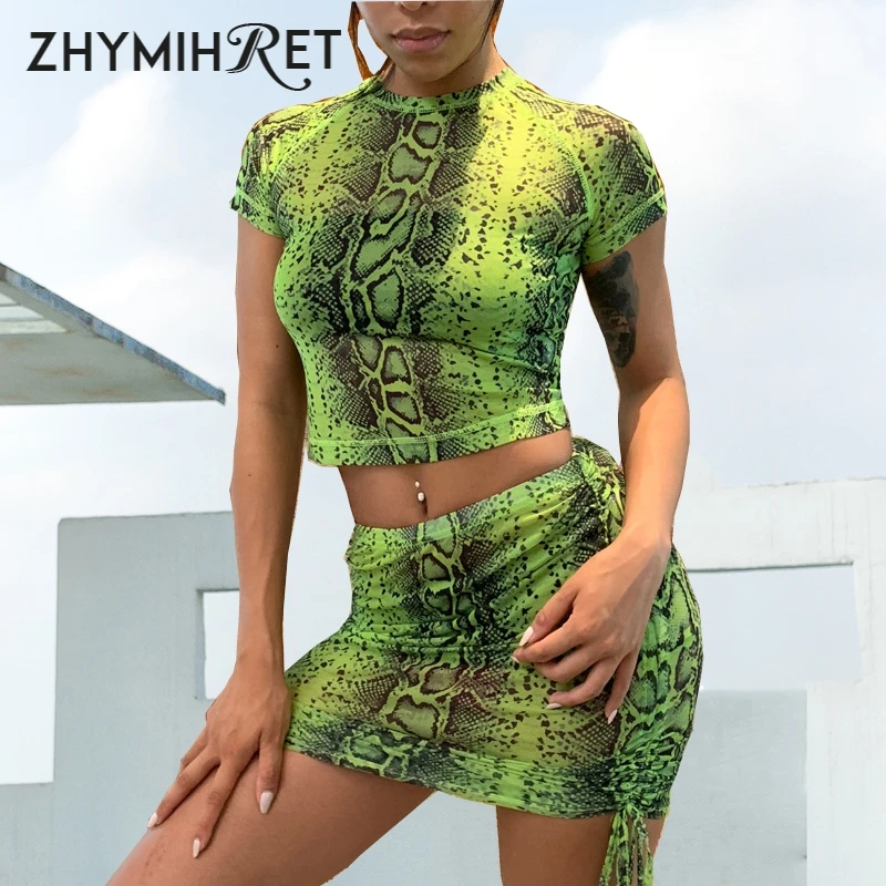 

ZHYMIHRET 2019 Mesh Snake Print Two Piece Set Summer Dress For Women Short Sleeve Ruched Plus Size Dress Sexy Vestidos De Verano