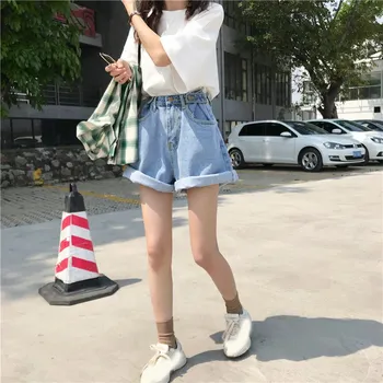 

2019 Summer Women Fashion High Waist Wide Leg Shorts Casual Curling Pocket Jeans Shorts Straight Button Solid Denim Shorts