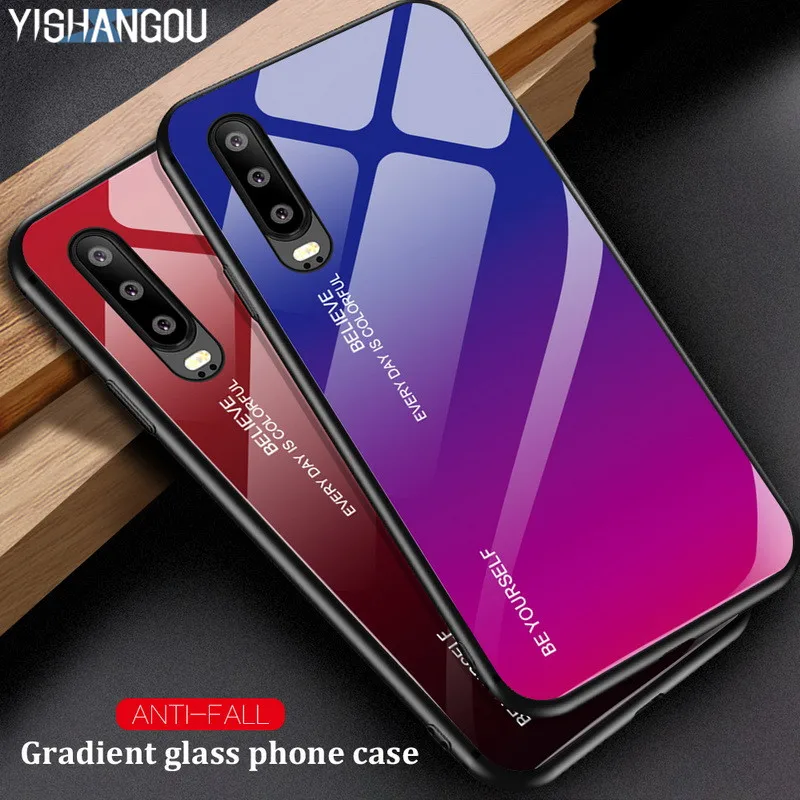 

YISHANGOU Gradient Colorful Glass Back Soft Silicone Bumper Case For Huawei P30 Pro P20 Lite Mate20 P Smart 2019 NOVA 4 3 3i