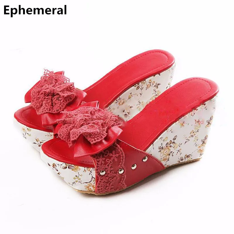 

Ladies Printed flower slippers chunky heel wedges slides open toe high heel shoes 9cm european and american style blue red beige