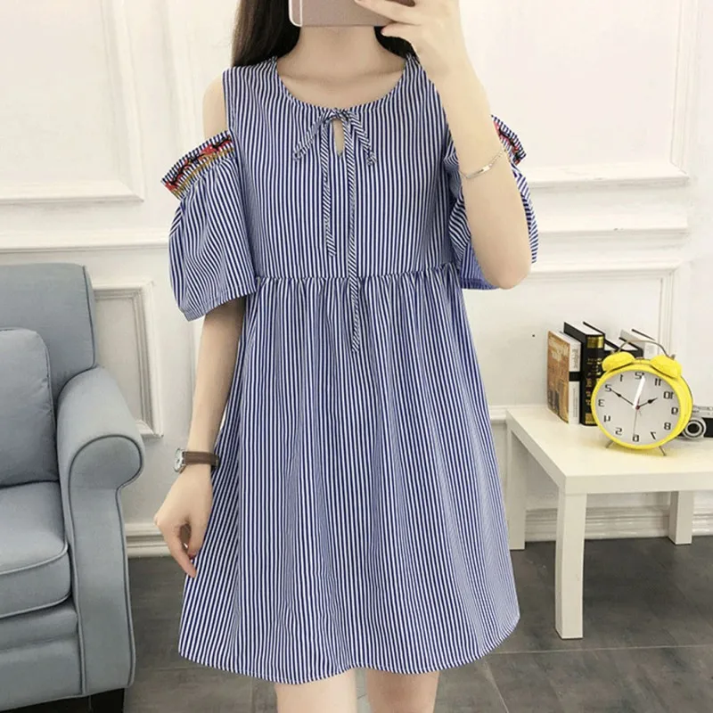

Women Off Shoulder Short Flare Sleeve Dress Vestidos Casual Striped Dress Plus Size