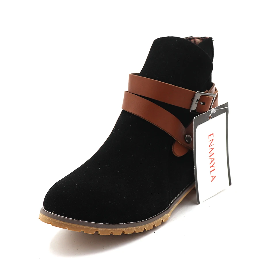 ENMAYER  new autumn buckle BIG SIZE women ankle boots Black Yellow Apricot color square heel flats suede shoes boots round