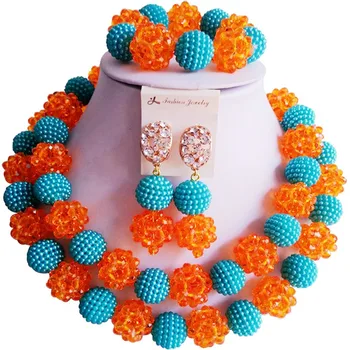 

Pretty Lake Blue Orange African Style Women Anniversary Crystal Necklace Jewelry Sets 2C-ZZSJ-59